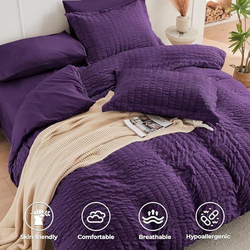 HYMOKEGE Dark Purple California King Comforter Set Seersucker 7 Pieces, All Season Luxury Bed in a Bag for Bedroom, Bedding Set with Comforter, Sheets, Pillowcases & Shams