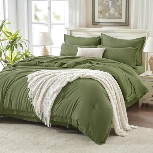 Andency Oversized Queen Comforter Set, 7 Pieces Olive Green Bedding