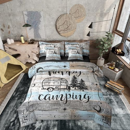 Erosebridal Boho Camper Decor Comforter Set 7 Piece Twin Happy Camping Bedding Set Rv Accessories Bed in A Bag for Travel Trailers Bunks,Rustic Farmhouse Stars Moon Bed Set Blue Grey
