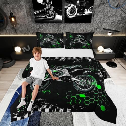 Castle Fairy Motocross Comforter Set Toddler Size,Green Honeycomb Ombre Artwork Bedding Set,Kids Teens Adult Room Decor,Extreme Sport Game Down Comforter,2 Pcs 1 Pillowcase