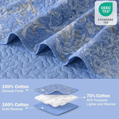 100% Cotton Quilt Set Queen Size, Classic Damask, Blue 90"x98"
