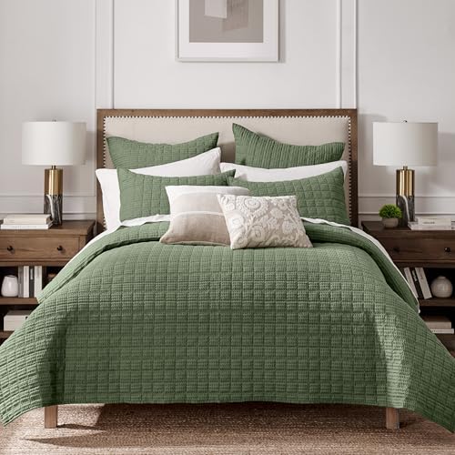 Levtex Home Cloud Waffle Full/Queen Quilt Set (88x92in) and 2 Pillow Shams (26x20in) - Box Quilted Waffle Texture - Forest Green - Cotton Full/Queen Size Quilt Bedding Set - Lightweight Soft
