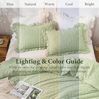 JOLLYVOGUE Sage Green Comforter Full Size, 3 Pieces Seersucker Lightweight Full Size Bedding, All Season Fluffy Microfiber Bedding Comforter Set with 1 Ruffle Comforter and 2 Ruffle Pillowshams