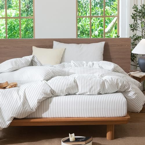 MooMee Striped Duvet Cover Set 100% Washed Cotton Linen Like