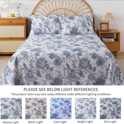 FADFAY Queen Sheets Set Percale Cotton Floral Bed Sheets Deep Pocket Fitted Sheet, Luxury Blue Floral Pattern Classic European Style Bedding for All Season, Super Soft Crisp & Breathe,4Pcs