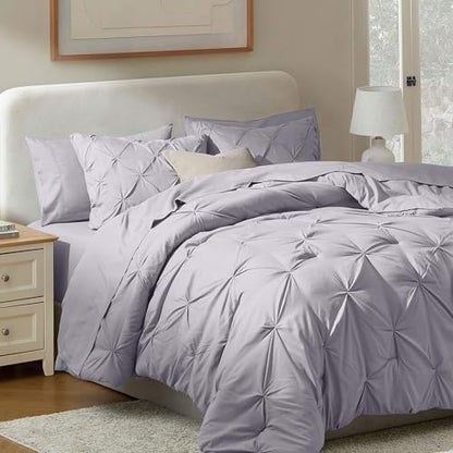 Nestl 9 Piece California King Comforter Set – Grey Lavender Pinch Pleated Bed in a Bag – Complete Cal King Size Bedding Set with Sheets, Set of 2 Cooling Pillows, Pillowcases and Shams