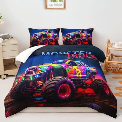 AILONEN Colorful Monster Truck Comforter Set Full Size, Cartoon Car Bedding Set for Kids,Teens,Adults,3D Print Giant Pickup Truck Comforter Set for All Season,3-Pieces,1 Quilt with 2 Pillowcases,Soft