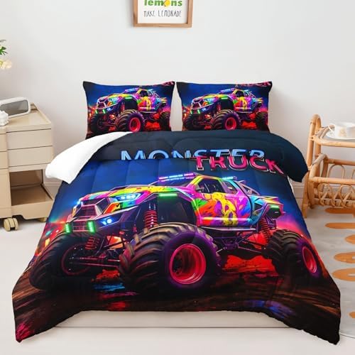 AILONEN Colorful Monster Truck Comforter Set Twin Size, Cartoon Car Bedding Set for Kids,Teens,Adults,3D Print Giant Pickup Truck Comforter Set for All Season,3-Pieces,1 Quilt with 2 Pillowcases,Soft