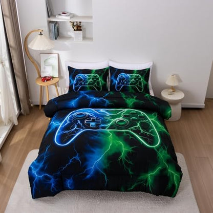 Meeting Story Gaming Bedding Sets Full Size Red and Blue Gamer Comforter Set for Boys Girls Soft Fluffy 3D Cool Video Game Kids Bed in A Bag for All Seasons(Bluegreen)