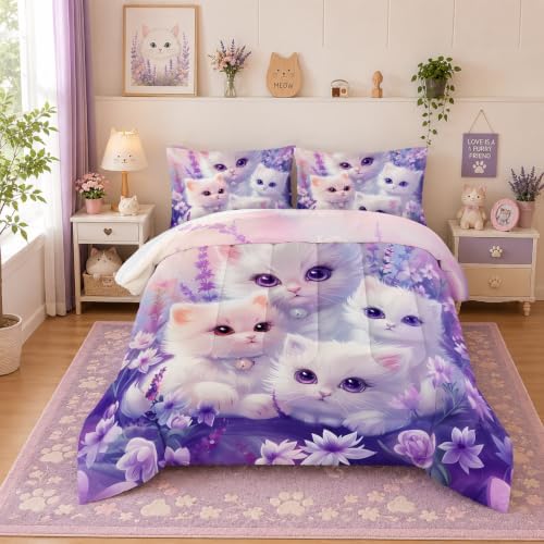 Cute Cat Comforter Bedding Sets Queen Size with 2 Pillowcases.