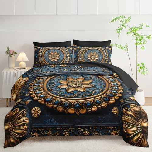 7 Piece Bed in A Bag Black and Gold Mandala Comforter Set King Size，Mandala Bedding Set King，(1 Comforter, 1 Flat Sheet, 1 Fitted Sheet, 2 Pillowcase and 2 Pillow Sham)，Mandala Bedroom Decor