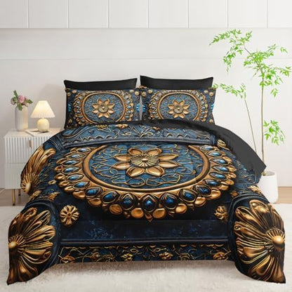 7 Piece Bed in A Bag Black and Gold Mandala Comforter Set King Size，Mandala Bedding Set King，(1 Comforter, 1 Flat Sheet, 1 Fitted Sheet, 2 Pillowcase and 2 Pillow Sham)，Mandala Bedroom Decor