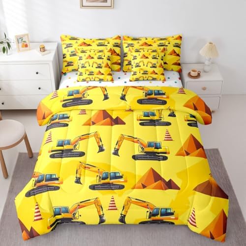 Erosebridal Boys Construction King Comforter Set with Sheets, Excavator Bed in A Bag for Kids Men Boys Room Decor, Yellow Vehicle 7-Piece Bedding Set, Equipment Trucks Bed Sets, Lightweight