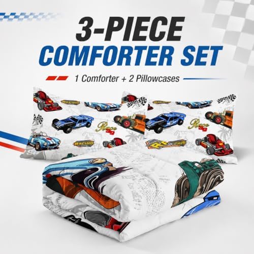 AILONEN Colorful Racing Car Comforter Set Twin Size, Cool Sports Bedding for Kids Boys, Competition Bed in a Bag, Extreme Sports Duvet Set, 1 Quilt 2 Pillowcases, 3 Pcs