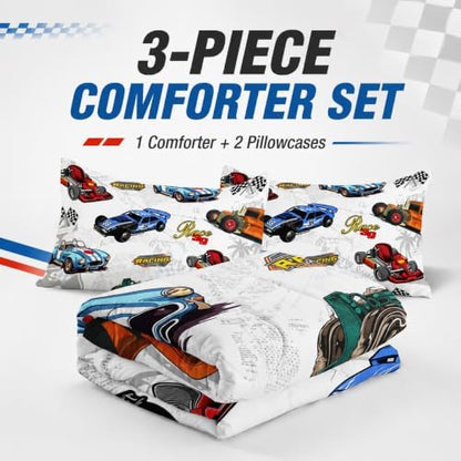 AILONEN Colorful Racing Car Comforter Set Twin Size, Cool Sports Bedding for Kids Boys, Competition Bed in a Bag, Extreme Sports Duvet Set, 1 Quilt 2 Pillowcases, 3 Pcs