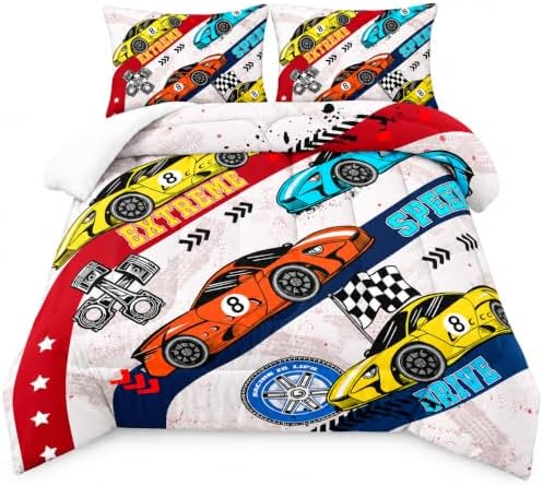 AILONEN Racing Car Comforter Set Full Size, Plaid Bedding Set for Kids Boys,Cool Speed Race Car Bed in a Bag 3 Pcs,1 Quilt and 2 Pillowcases,Soft Microfiber
