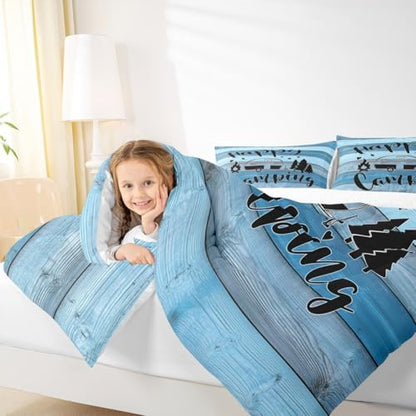 Camping Comforter Set Full Size,Wooden Plank Pine Trees Rustic Farmhouse Bedding Set 3pcs for Kids Boys Girls Adults,RV Trailer Camper Decor Down Comforter,Blue Retro Duvet Insert,2 Pillowcases