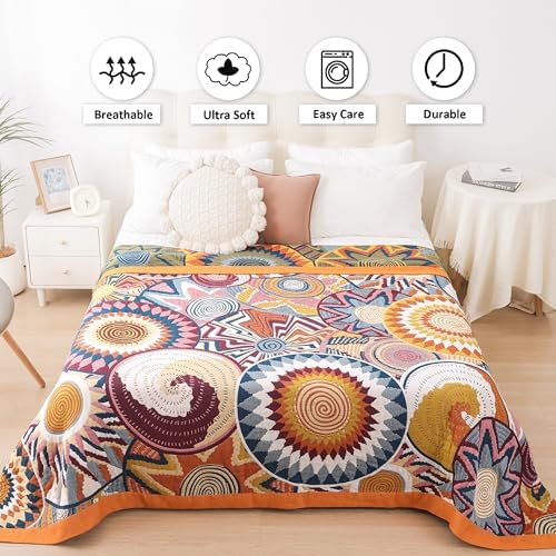 VANJOROY Boho Throw Blanket, 100% Organic Muslin Cotton Skin-friendly Breathable Ultra Soft Bed Quilt Throw - All Season Bohemian Decor Luxury Colorful Blanket for Sofa Couch Chair and Gift. 60" x 80"