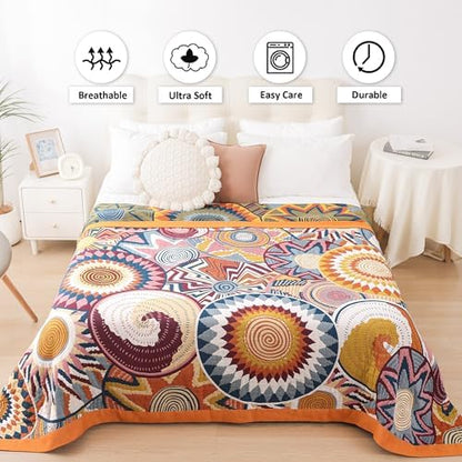 VANJOROY Boho Throw Blanket, 100% Organic Muslin Cotton Skin-friendly Breathable Ultra Soft Bed Quilt Throw - All Season Bohemian Decor Luxury Colorful Blanket for Sofa Couch Chair and Gift. 91" x 98"