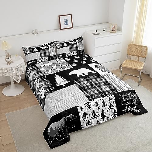 Bear Plaids Comforter Set King Size,Pine Trees Animals Hunting Bedding Set for Kids Boys Girls Adults Room Decor,Adventure Rustic Farmhouse Down Comforter,Black Retro Duvet Insert,2 Pillowcases