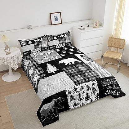 Bear Plaids Comforter Set King Size,Pine Trees Animals Hunting Bedding Set for Kids Boys Girls Adults Room Decor,Adventure Rustic Farmhouse Down Comforter,Black Retro Duvet Insert,2 Pillowcases