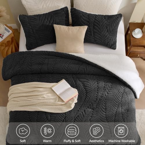 BEDELITE Fluffy Sherpa King Comforter Set,Leaf-Black