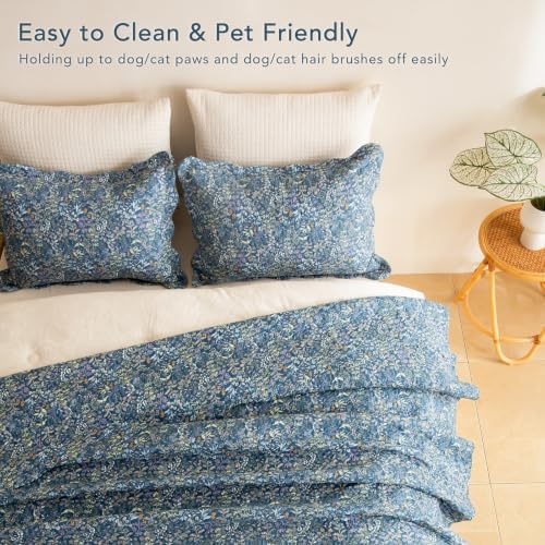 Lady Ann 100% Cotton Quilt Set,Oversized King Bedspread 120x120 for Extra Large Bed, Navy Blue Floral Botanical Pattern Printed Quilted Coverlet, 3 Pcs Vintage& Ultra Soft Bedding Set