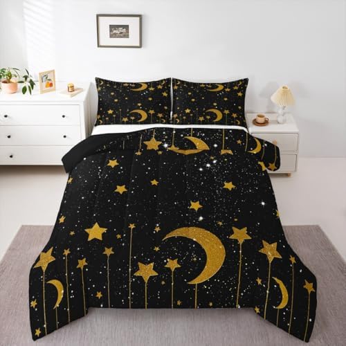 Homewish Starry Sky Full Size Comforter Set,Stars and Moon Bedding Set for Adults Teens,Children Gold and Black Comforter Luxury Galaxy Quilt Set Room Decor 3Pcs