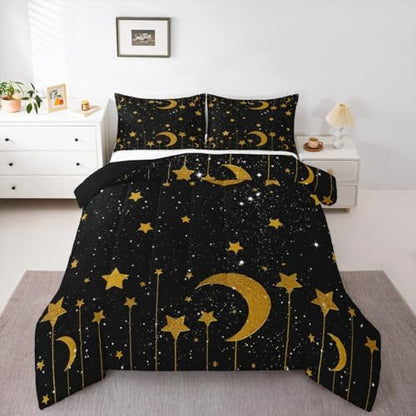 Homewish Starry Sky Full Size Comforter Set,Stars and Moon Bedding Set for Adults Teens,Children Gold and Black Comforter Luxury Galaxy Quilt Set Room Decor 3Pcs