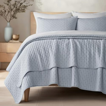 EVERGRACE 100% Cotton Cross Stitch 3-Piece Quilt Set, King, Powder Blue