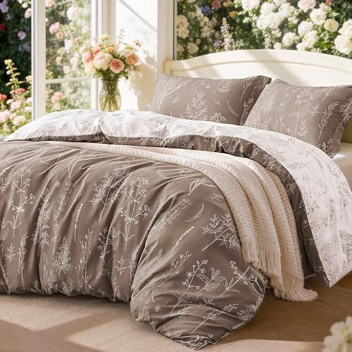 Love's cabin Light Taupe Full Comforter Set - Full Size Comforter Set, 3 Pieces Cute Floral Bedding Sets for All Seasons,1 Soft Reversible Botanical Flowers Comforter and 2 Pillow Shams
