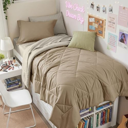 HEVUMYI 5-Piece Twin XL Comforter Set, Khaki & Linen Bed in a Bag
