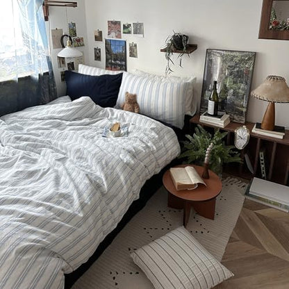 mixinni Vintage Light Blue & White Striped Comforter Set Full Size - Soft Washed Cotton 3-Piece Bedding Set (1 Comforter + 2 Pillowcases), Retro Geometric Pattern, All-Season Breathable & Fluffy