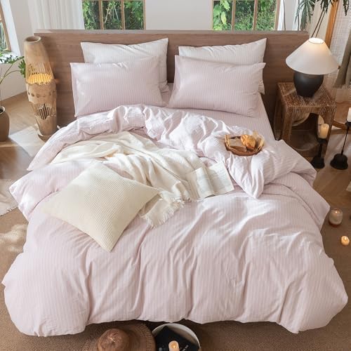 MooMee Striped Duvet Cover Set 100% Washed Cotton Linen Like Twin