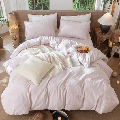 MooMee Striped Duvet Cover Set 100% Washed Cotton Linen Like Twin