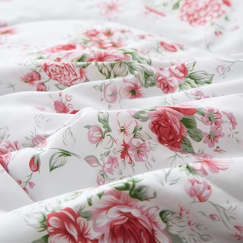 VM VOUGEMARKET Ruffle Full Duvet Covet with Pink Red Flower Prints Romantic Princess Style Lace Bedding Set Vintage Floral Duvet Cover Set with Zipper for Teen Girls