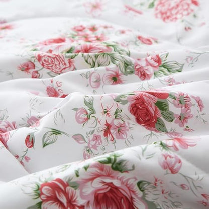 VM VOUGEMARKET Ruffle Full Duvet Covet with Pink Red Flower Prints Romantic Princess Style Lace Bedding Set Vintage Floral Duvet Cover Set with Zipper for Teen Girls