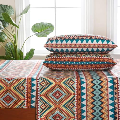 CozySmile 4 Pieces Queen Sheet Set Bohemian, Boho Sheets Soft Microfiber Deep Pocket, Western Sheets Geometric(Queen, Rust Turquoise Diamond)
