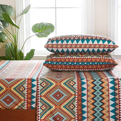CozySmile 4 Pieces Queen Sheet Set Bohemian, Boho Sheets Soft Microfiber Deep Pocket, Western Sheets Geometric(Queen, Rust Turquoise Diamond)