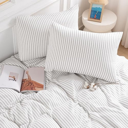 NEXHOME PRO Striped Duvet Cover Super King,100% Washed Cotton Bedding Set,Textured Linen Feel,Breathable,Organic,3 Piece(Grey Stripes 108x98)