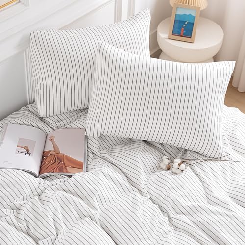 NEXHOME PRO Striped Duvet Cover King Size,100% Washed Cotton Bedding Set,Textured Linen Feel,Breathable,Organic,3 Piece(Grey Stripes 104x90)