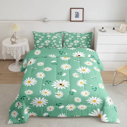 Homewish Daisy Flowers Children Comforter Set,Daisy and Bee Bedding Set for Women Girls,Adults Soft Green and White Comforter,Kids Spring Floral Quilted Duvet Set Bedroom Collection King Size 3Pcs