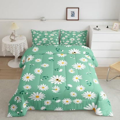 Homewish Daisy Flowers Children Comforter Set,Daisy and Bee Bedding Set for Women Girls,Adults Soft Green and White Comforter,Kids Spring Floral Quilted Duvet Set Bedroom Collection King Size 3Pcs