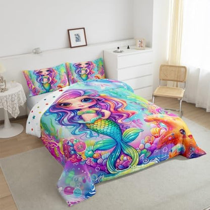 Cartoon Mermaid Comforter Set King Size Colorful Ocean Theme Bedding Set with 2 Pillowcases for Kids Child Girls,Princess Bedroom Cartoon Quilt Underwater World Starfish Duvet Double-sided Printing