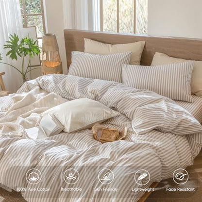 MooMee Striped Duvet Cover Set 100% Washed Cotton Linen Like Super Queen