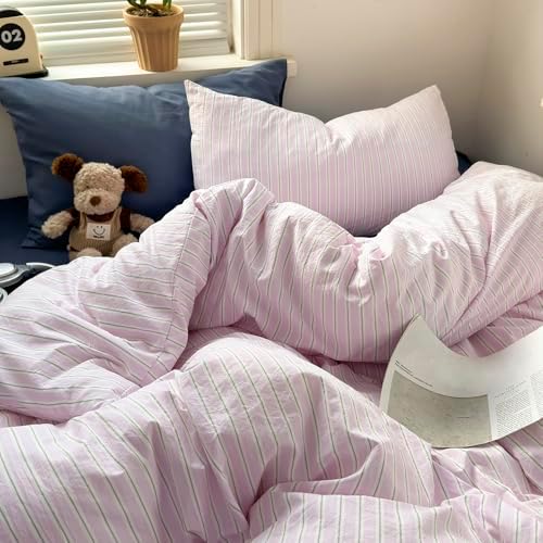 mixinni Pink White Striped Duvet Cover Twin Size, 3-Piece Washed Microfiber Vintage Striped Bedding Set, Soft Aesthetic Stripe Pattern Duvet Cover with Zipper Closure & Corner Ties for Women Girls