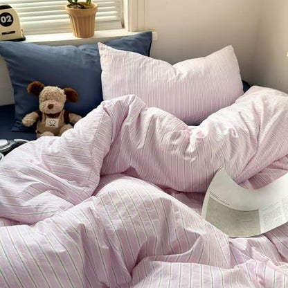 mixinni Pink White Striped Duvet Cover Twin Size, 3-Piece Washed Microfiber Vintage Striped Bedding Set, Soft Aesthetic Stripe Pattern Duvet Cover with Zipper Closure & Corner Ties for Women Girls