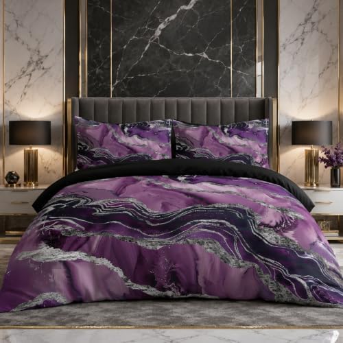 CCoutueChen Black Purple Marble Comforter Set Full Size, Modern Style