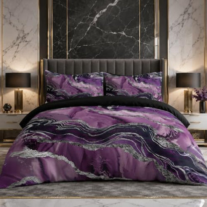 CCoutueChen Black Purple Marble Comforter Set Full Size, Modern Style