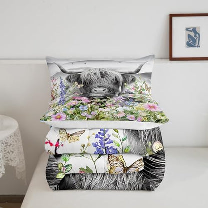 Highland Cow Comforter Set King Size,Colorful Flowers Leaves Bedding Set 3pcs for Kids Teens Adults Room Decor,Rustic Farmhouse Animals Plants Quilt Set Cowhide Vintage Duvet Insert,2 Pillowcases